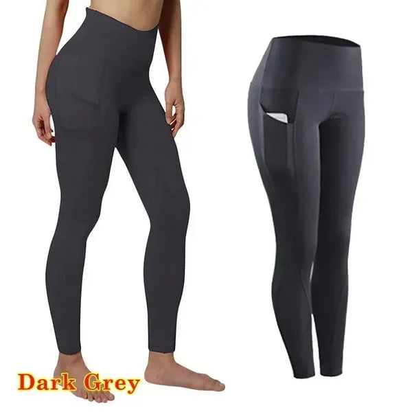 High Waist Elastic Workout Women Yoga Leggings Tummy Control Ruched Booty With Pocket Pants Seamless Gym Compression Tights - Hiron Store