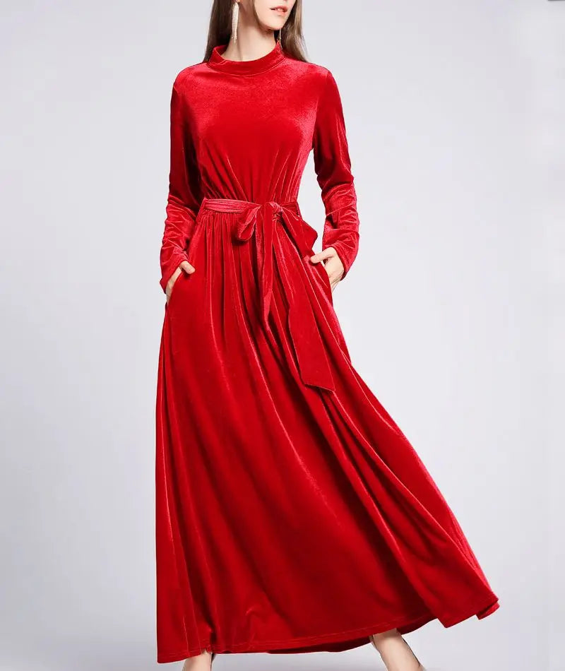 Dresses Women 2022 Autumn Winter Evening Party Prom Fashion Muslim Abaya Velvet Stretch Maxi Dress With Belt Vestidos 드레스 فستان - Hiron Store