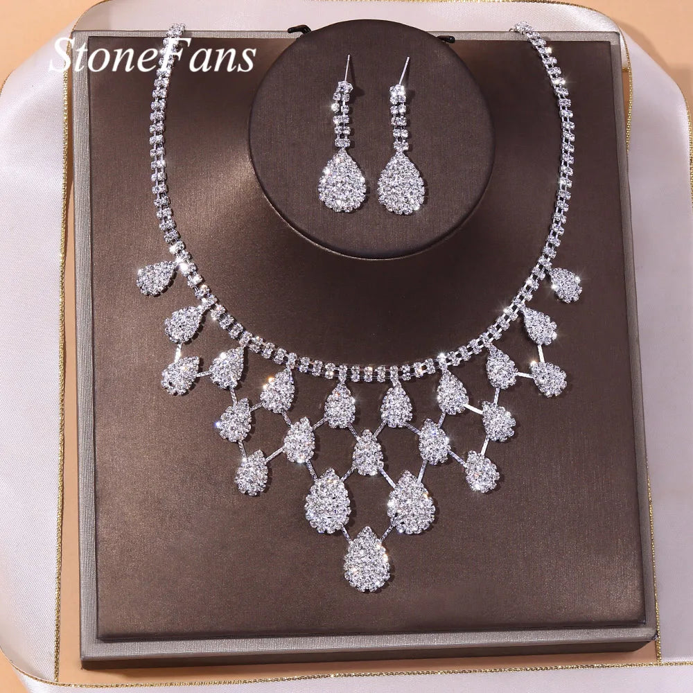 Fashion Classic Elegant Tassel Crystal Bridal Jewelry Sets African Rhinestone Wedding Necklace Earrings Bracelet Sets - Hiron Store