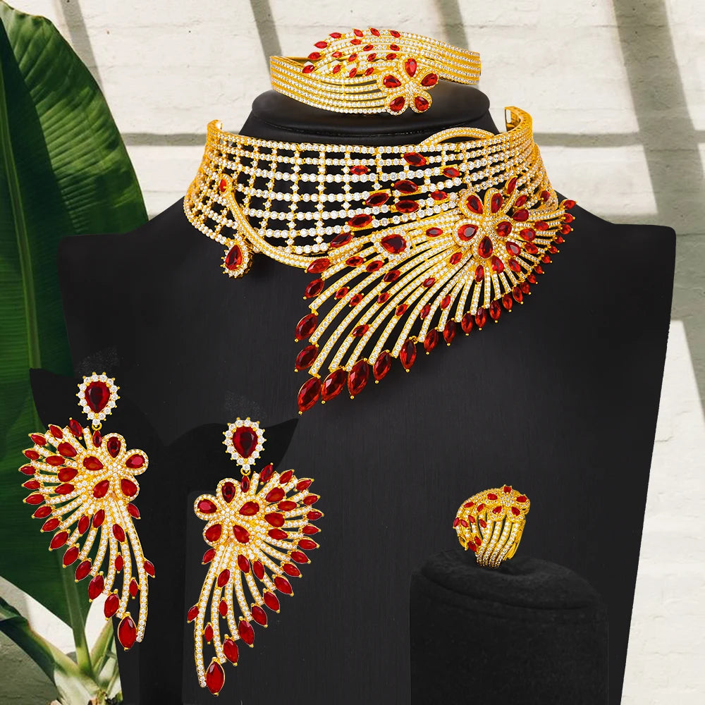 GODKI Luxury African Feather Chokers Jewelry Sets Wedding Cubic Zirconia CZ Dubai Bridal Party Set