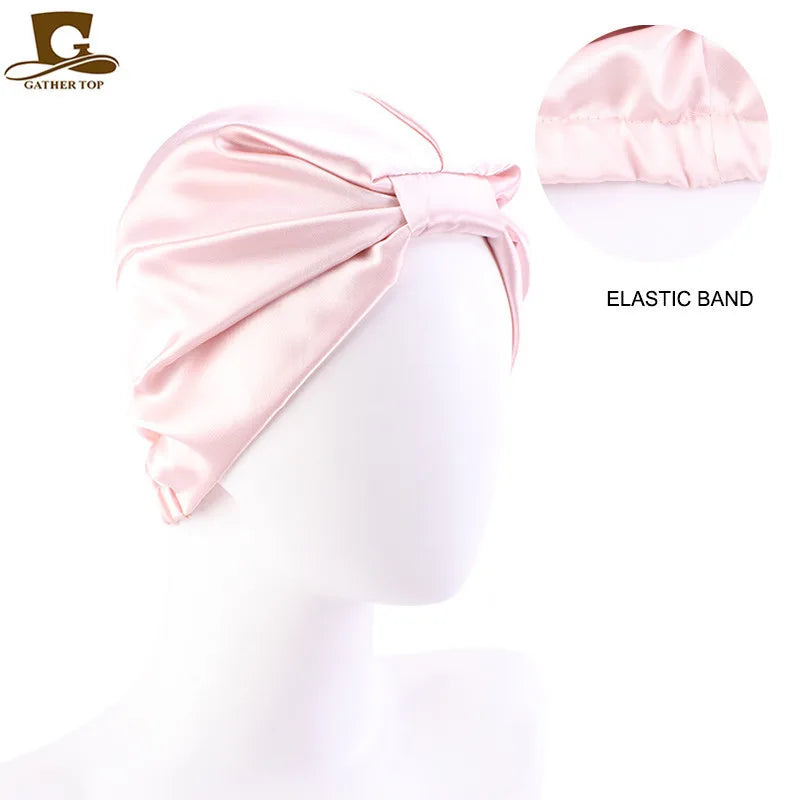 Silk Sleeping Bonnet Caps For Women Silky Headcover Double Layer Knotted Headband