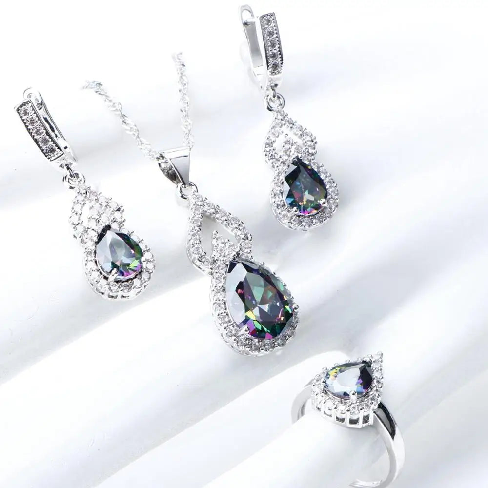 Natural Rainbow Jewelry Sets Sterling Silver Stones Wedding Earrings For Women Bracelet Necklace Rings Set