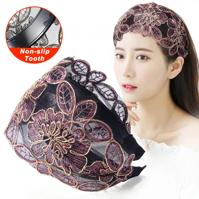 Lace Flowers Headband Women Hair Hoop belt Toothed Non-Slip Elastic Hairband Hair Accessories Hair belts