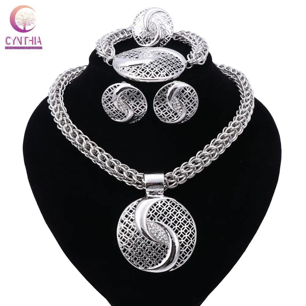 New Exquisite Dubai Jewelry Set Luxury Silver Plated Big Nigerian Wedding African Beads Jewelry Set Costume New Design - Hiron Store