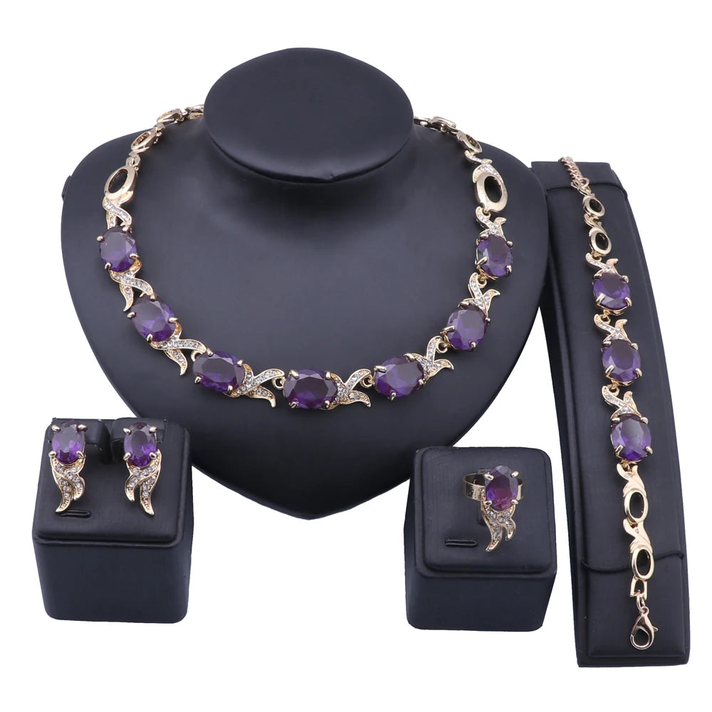 Wedding Gold Color Purple Zircon Crystal Trendy Necklace Jewelry Sets Party Women Bridal Bracelet Earrings Ring Accessories Set - Hiron Store