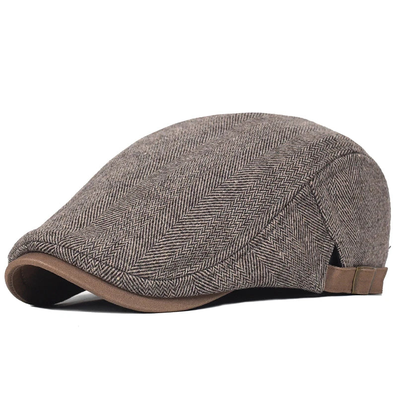 Men Winter Wool Thick Warm Vintage Herringbone Casual Stripe Berets Gatsby Flat Hat Peaked Cap