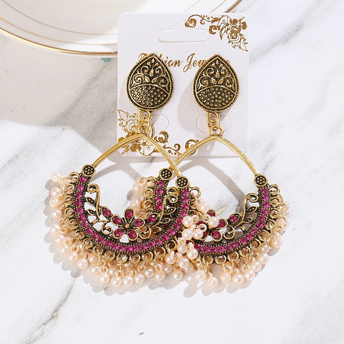 Gold Color Big Round Indian Jhumka Earrings Pearl Tassel Drop Earring