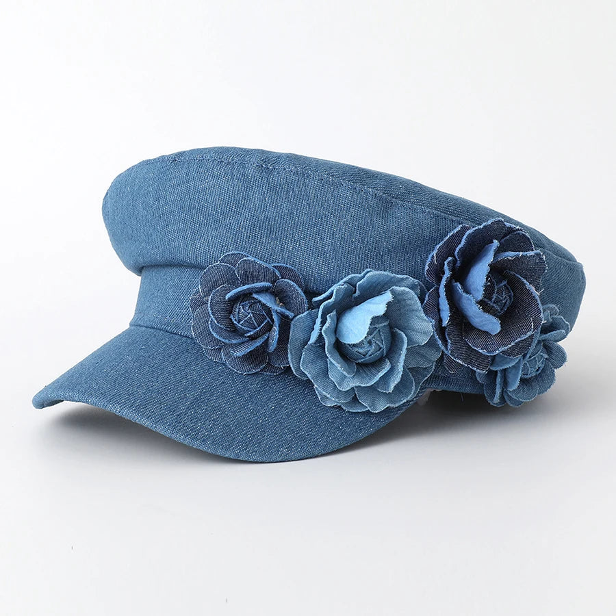 Women's Denim Beret Fashion Ladies Trendy Flat Top Captain Military Caps