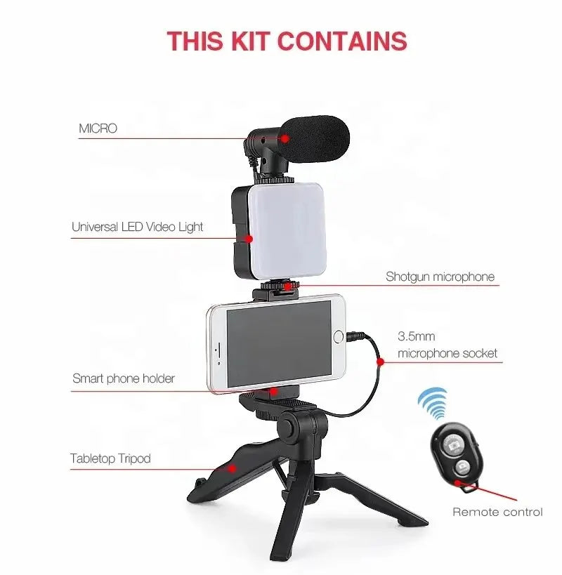 Smartphone Vlogging Kit With Tripod Phone Holder Mini Microphone LED Fill Light Starter For TikTok Live Stream Video YouTube - Hiron Store