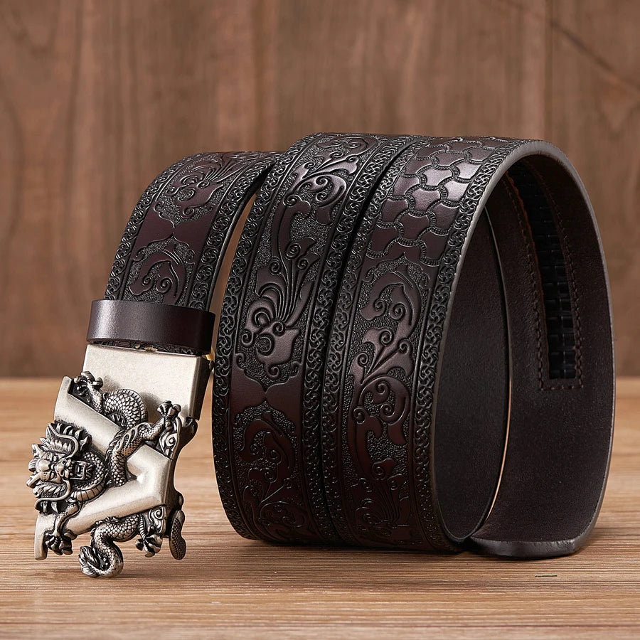 3.5cm Fashion Embossing Retro Male Belts for Men Business Cowhide Genuine Leather Belt Dragon Pattern Automatic Buckle Strap - Hiron Store