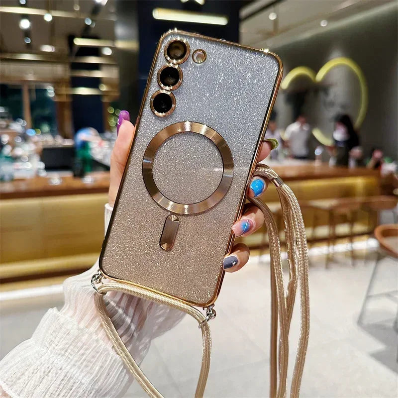 Crossbody Glitter Case For Samsung Galaxy S25 S24 S23 S21 FE S22 Ultra Plus For Magsafe Magnetic Soft TPU Plating Cover