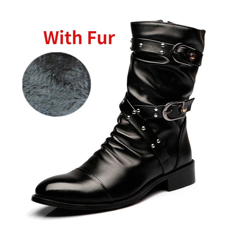 Men's Mid-calf Boots Buckle Strap Chelsea Boot for Men Leather Boot Mens Motorcycle Boots High Top Man Winter Shoe