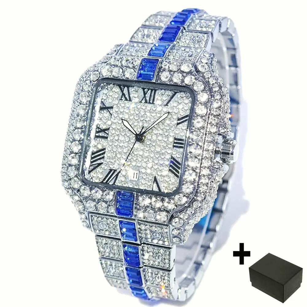 Diamond Watch Men Hip Hop Iced Out Bling Jewellery Square Quartz Wristwatch