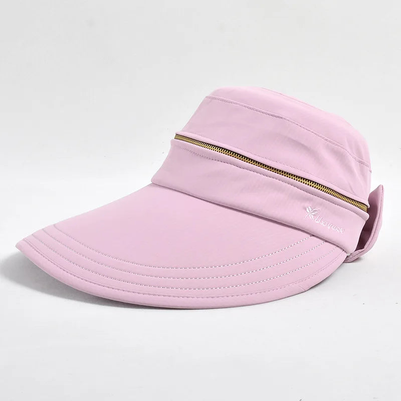 Women's Summer Sun Hat Removable Zipper Cap Top Anti-UV Foldable Big Brim Visor Cap for Cycling