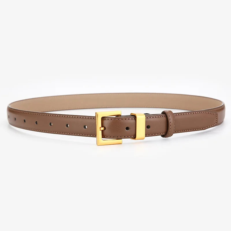 Women's Genuine Leather Belt Retro Wearing Gold Button Jeans Belt Small Design Thin Belts