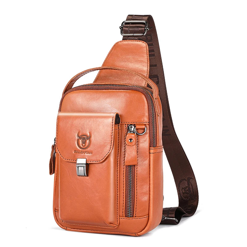 Men's Genuine Leather Chest Bag Casual Retro 7.9-inch Mobile Phone Bag Multifunctional Anti-Theft Crossbody Bag