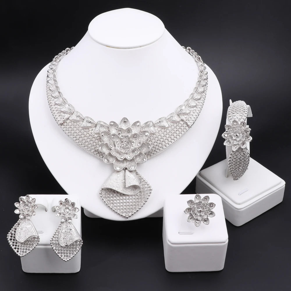 Silver Plated Jewelry Flower Shaped Women Necklace Earrings Bracelet Ring Indian Bridal Jewelry Set