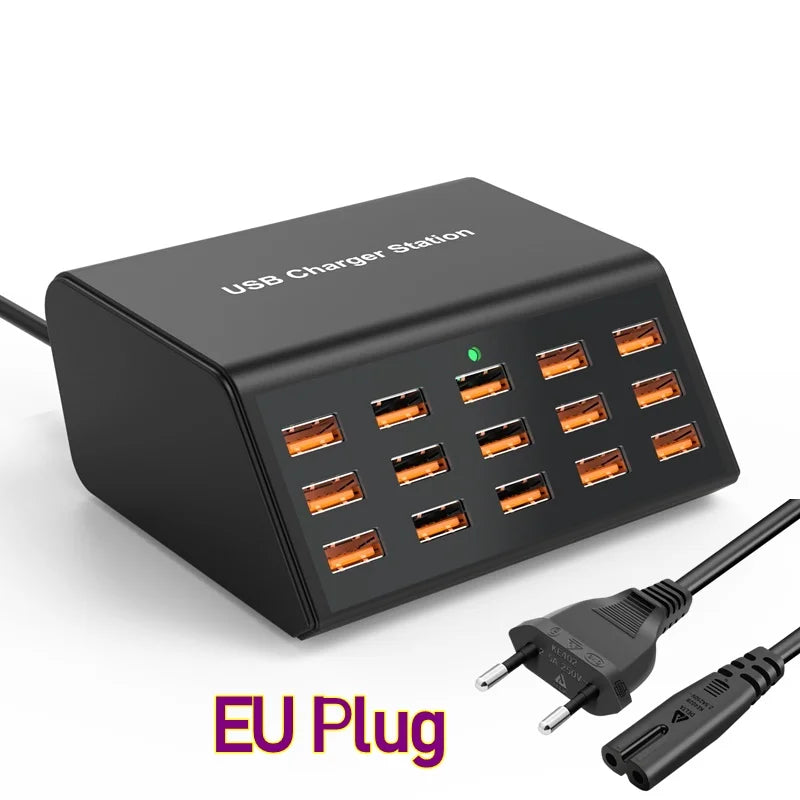 100W Desktop Universal USB Charger 15 Ports USB Fast Charging Station For iPad iPhone Samsung S24 Tablet