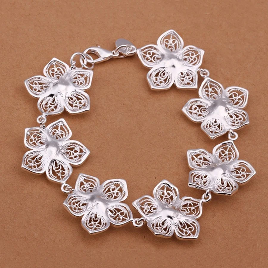 925 Sterling Silver Bracelet Flower Chain Elegant Beautiful Jewellery for Women 20cm 8inch