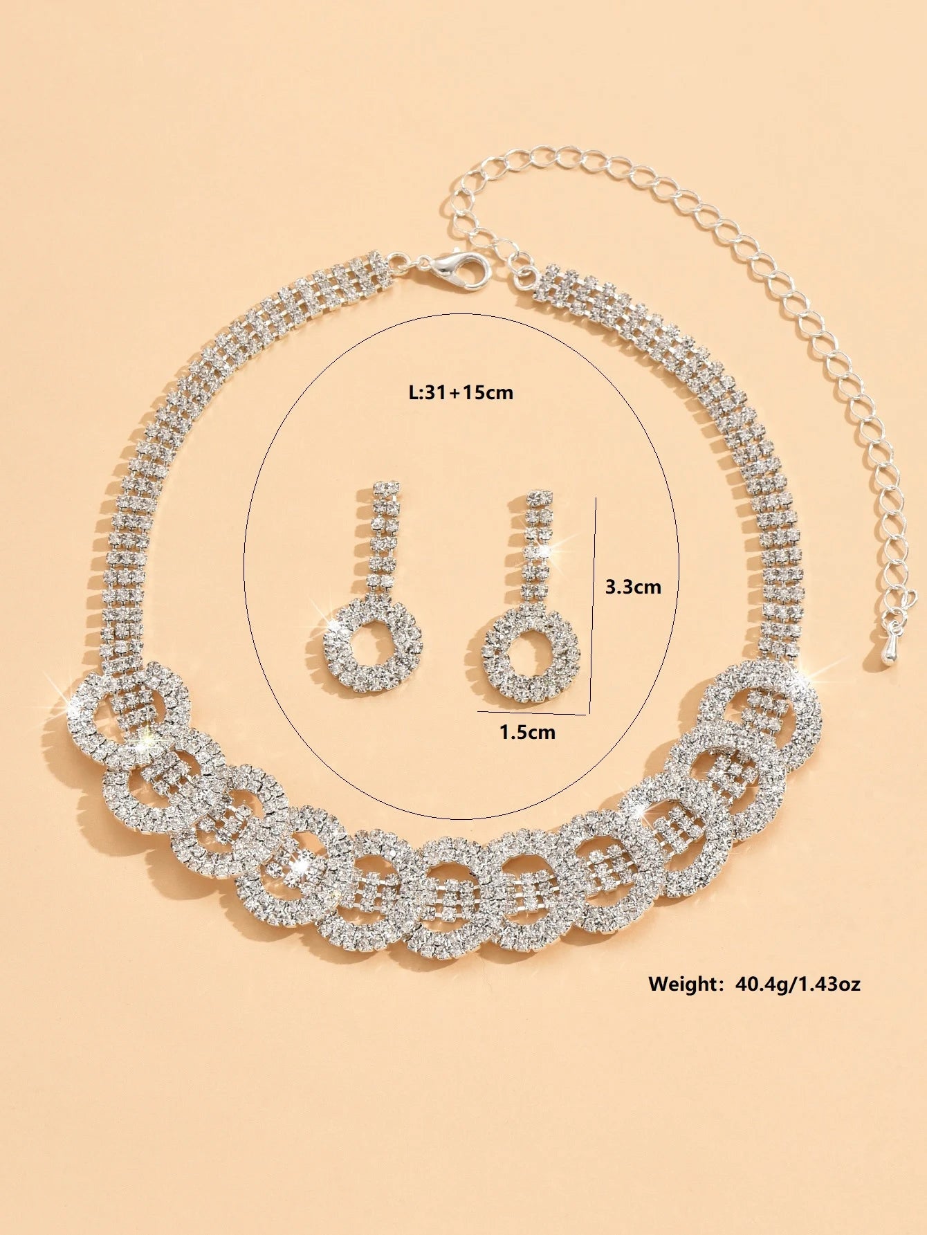 3pcs Fashion Jewelry Set with Rhinestone Inlaid Round Necklace Earrings Jewelry Set Suitable for Women's Party Accessories - Hiron Store