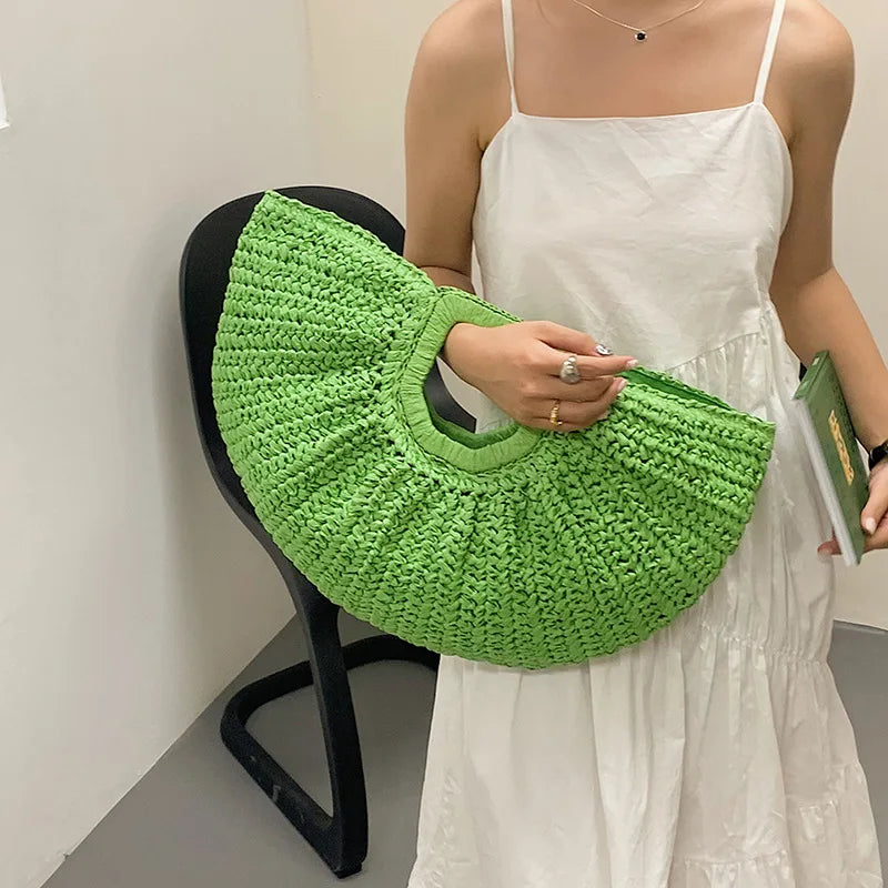 Ladies Moon Design Basket Shopper Bag Beach Straw Bag Summer Woven Travel Handbag For Women Luxury Large Capacity Shoulder Bags - Hiron Store