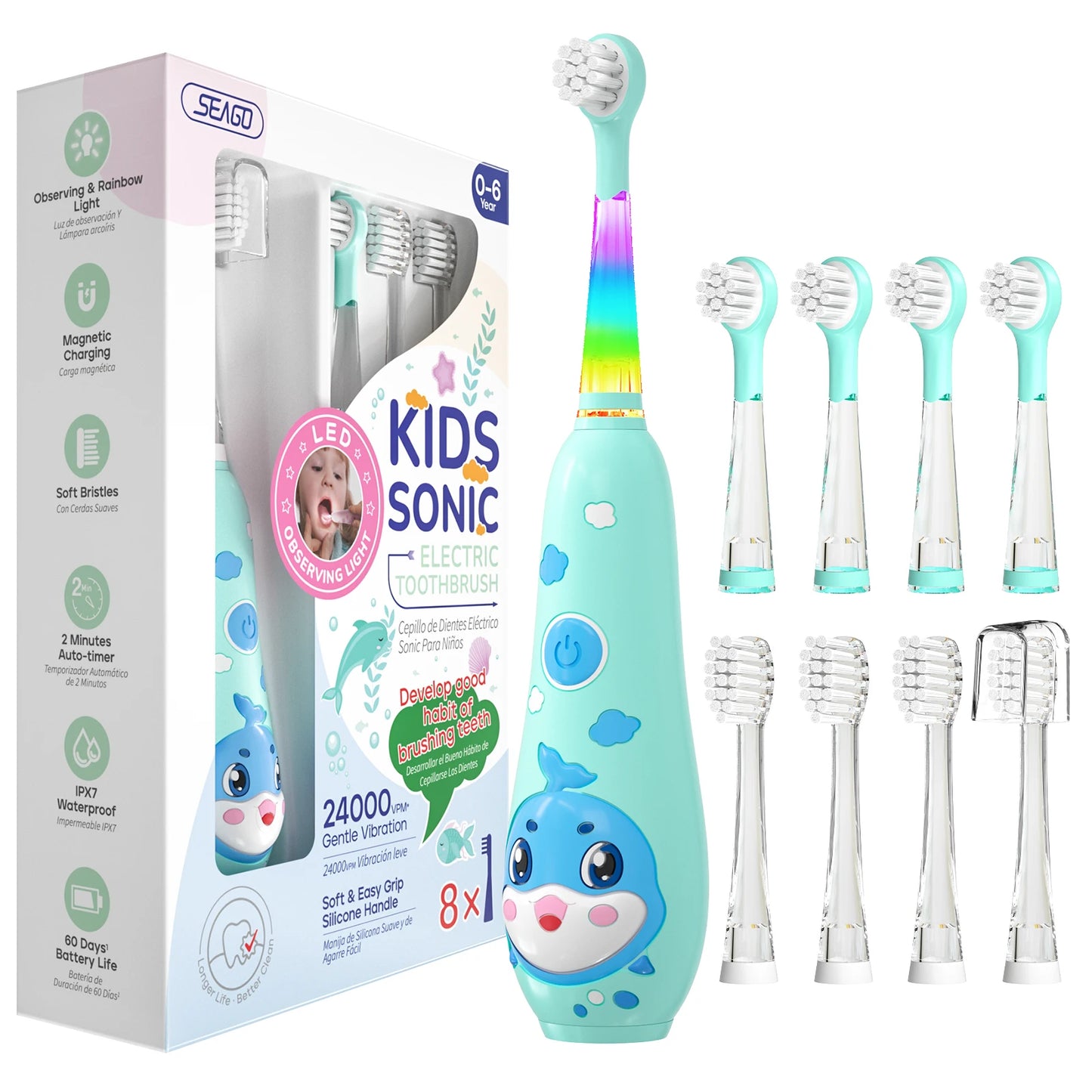 Kids Electric Toothbrush Sonic Child Dolphin Colorful Observing LED Timer Waterproof Teeth Cleaning