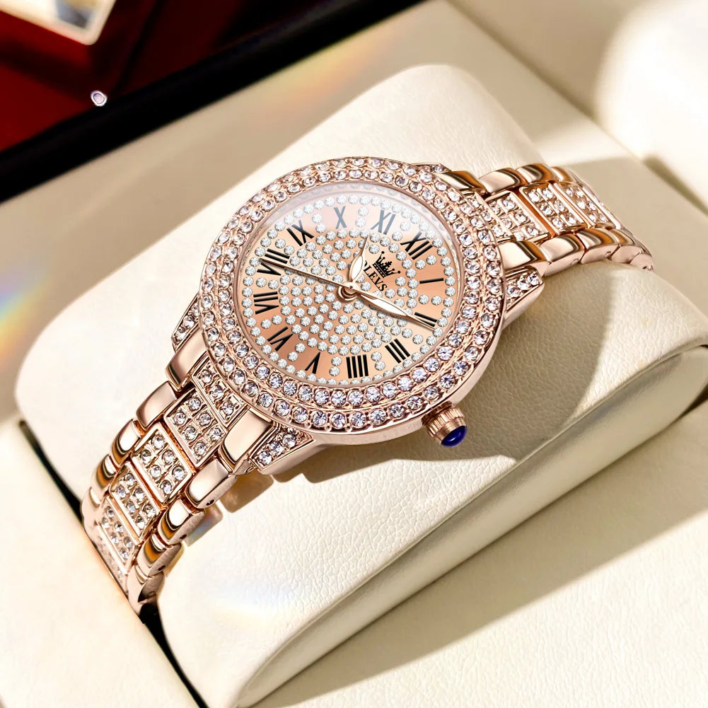 OLEVS Women's Watches Fashion Original Quartz Wrist Watch for Ladies Roman Dial Dazzling Diamond Waterproof Luminous Luxury New - Hiron Store