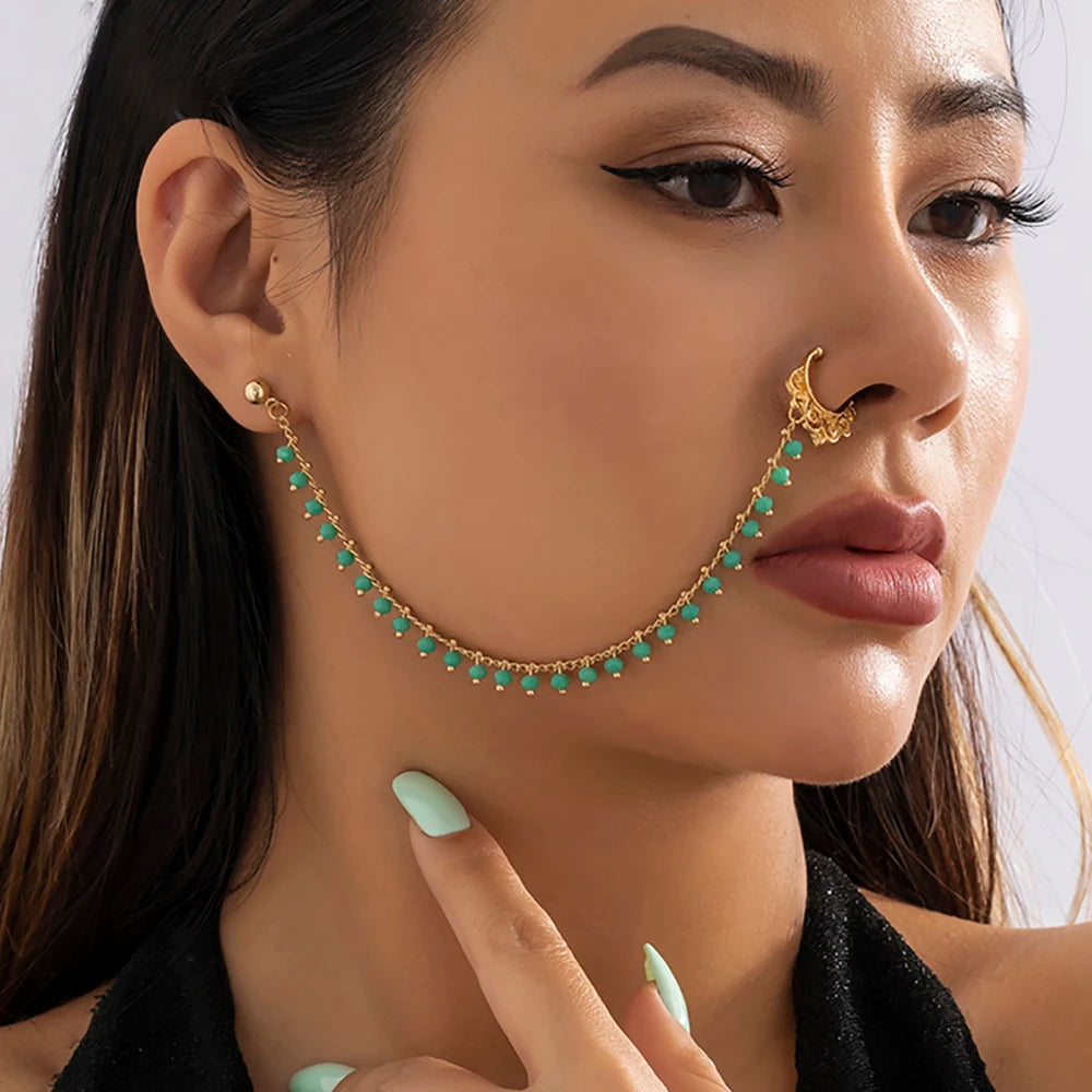 Trendy Nose Rings for Women Connecting Earrings Black Green Small Crystal Beads Fake Nostril Piercing Clip