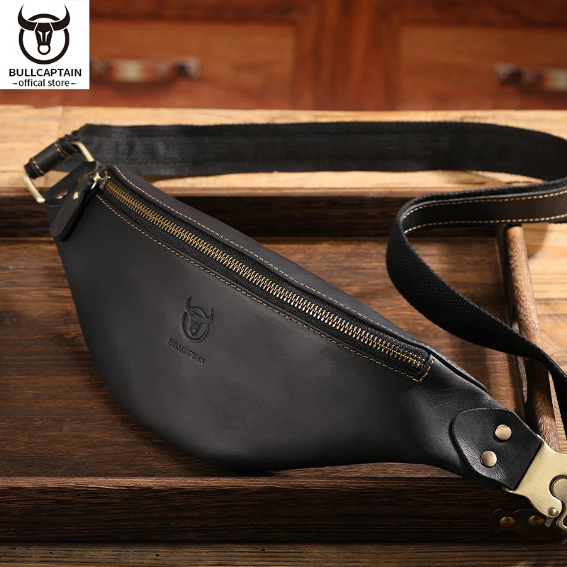 Men's Crazy Horse Leather Belt Bag Classic Retro Crossbody Outdoor Storage Mountaineering Mobile Phone Bag