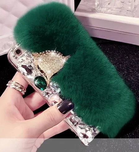 Warm Fluffy Rabbit Fur Bling Diamonds Soft Phone Case Cover For Samsung S24 S10 S20 S21 S22 Ultra S23 PLUS Note8 9 10 20 Capa