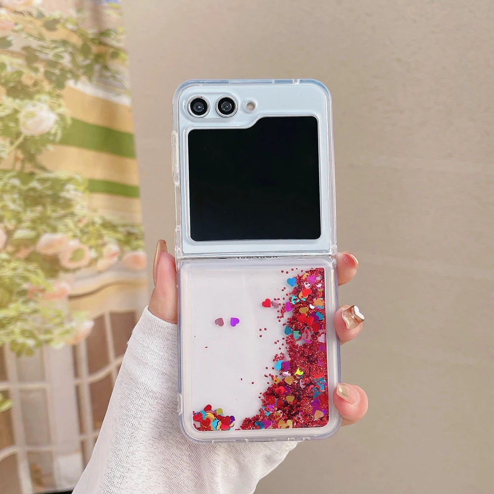 Glitter Quicksand Love Heart Case for Samsung Galaxy Z Flip 6 5 4 3 flip6 ZFlip Flip5 Colorful Bling Soft TPU Shockproof Cover