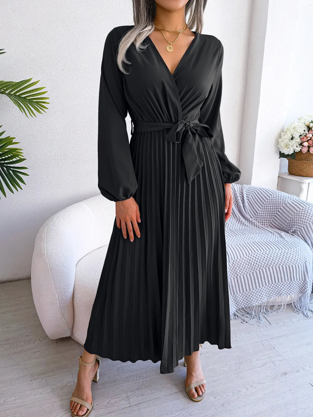 Women Elegant V Neck Long Sleeve Pleated Maxi Dress - Hiron Store