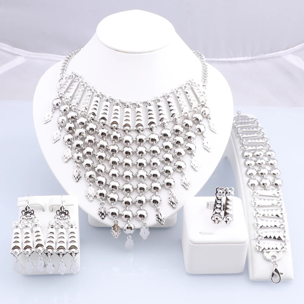 Silver Plated Necklace Earrings Bracelet Ring Set for Women Bridal Chains Ethinc Wedding Jewelry