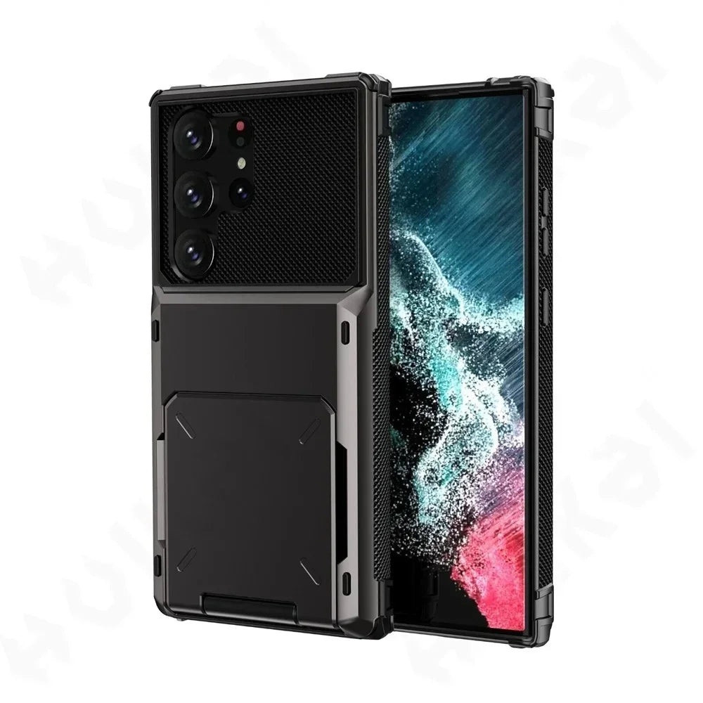 Card Holder Case For Samsung Galaxy S25 Ultra S24 S23 S22 Note 20 10 S10 Plus Heavy Duty Wallet Hidden Flip Slot