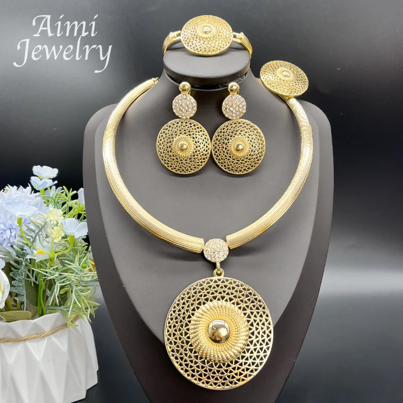 Large Round 18K Gold Plated Jewelry Set for Women Necklace Earrings Bracelet Ring African Bridal Wedding Party Gifts