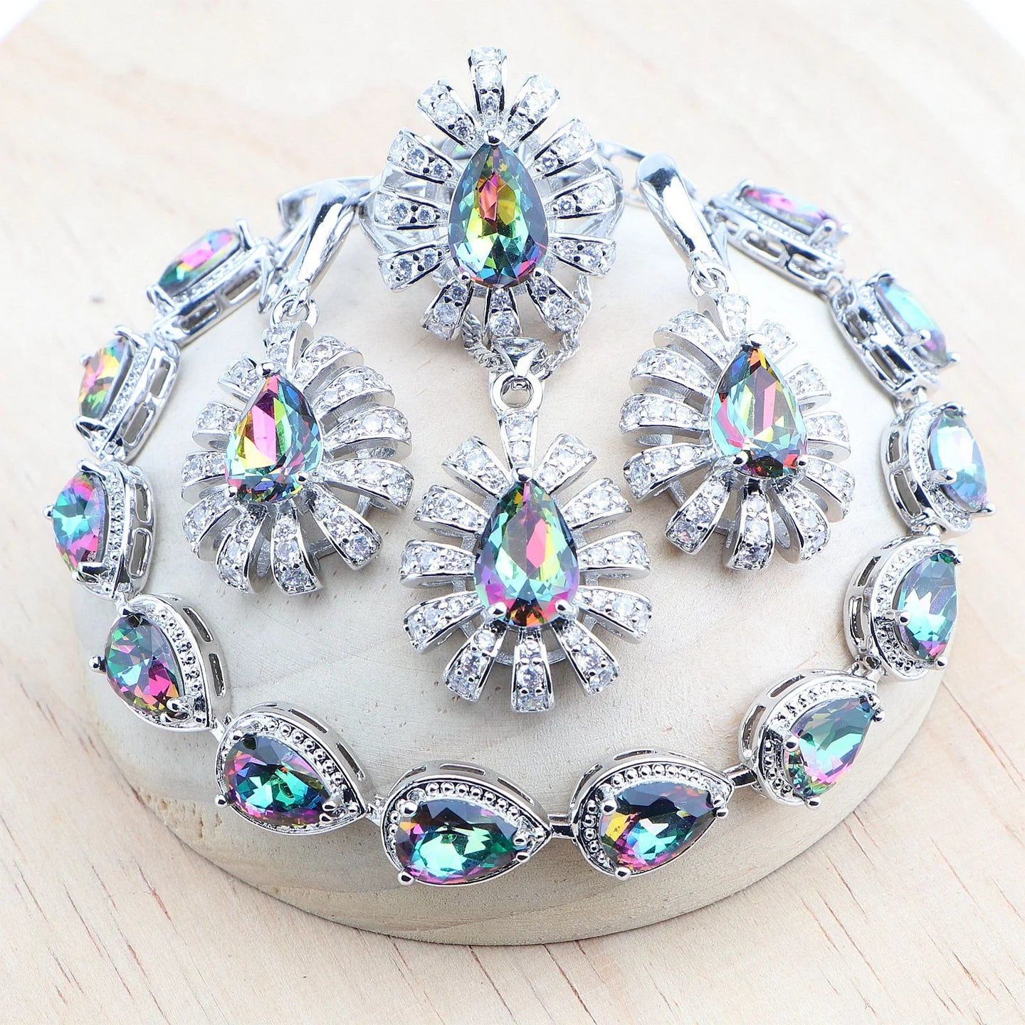 925 Sterling Silver Jewelry Sets Pink Zircon Earrings Rings Wedding Jewelry For Women Stones Bracelets Pendant Necklace Set - Hiron Store