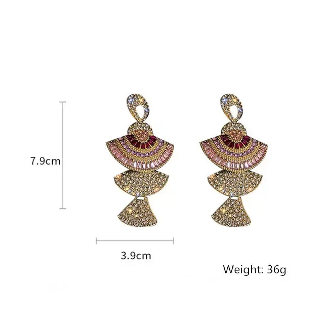 Vintage Baroque Style Geometric Drop Earrings Women Pink Crystal Sector Dangle Earrings Banquet Jewelry Accessories - Hiron Store