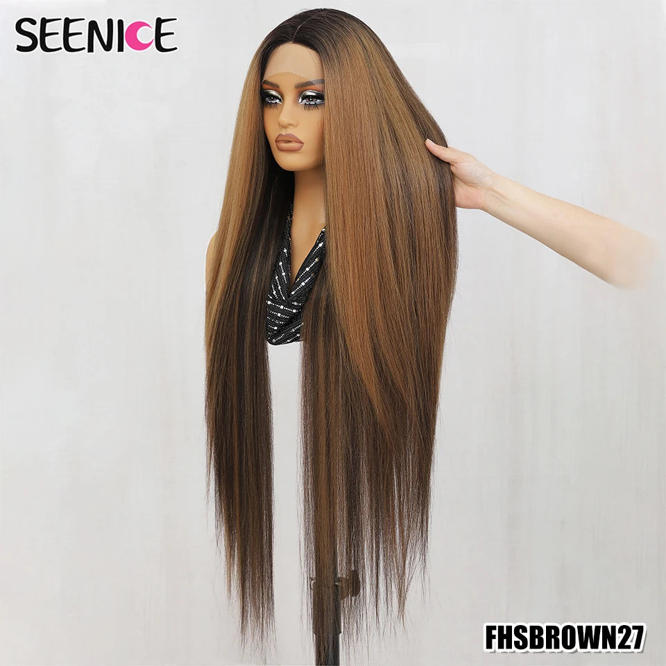 40Inch Straight Lace Front Wig Synthetic T-Part 13x4x1 Heat-resistant Fiber Ombre Ginger Copper Lace Frontal Wigs