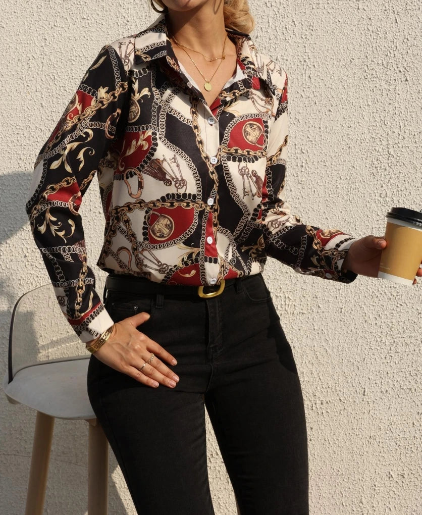 Women Fashion Wild Shirts Chain/Floral/Letter/Geometric Square Print Turn-Down Collar Long Sleeve Blouses - Hiron Store
