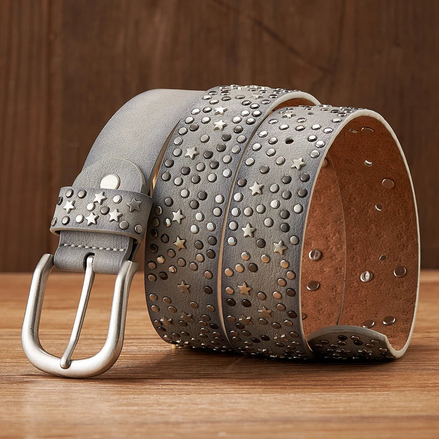 New Fashion Women's Rivet Belts Punk Rock Style Male Belt For Lady PU Leather Sequins Metal buckle Wide Metal Star Rivet bead - Hiron Store