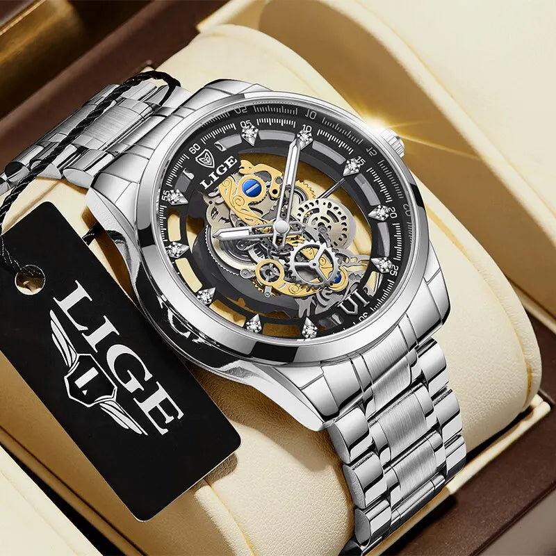 LIGE New Men Watch Skeleton Quartz Wristwatch Gold Skeleton Retro Man Watch Top Brand Luxury Clock Mens Watches Reloj Hombre - Hiron Store