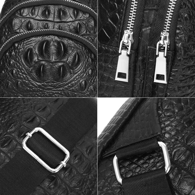 SCHLATUM 100% Cowhide Leather Men Crocodile Grain Fashion Black Multifunctional Leather Chest Bag