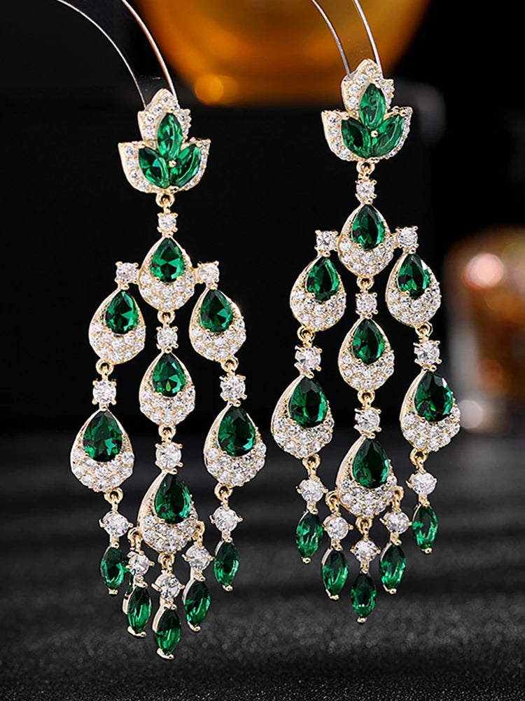 Colored Cubic Zirconia Inlaid Long Water Drop Tassel Earrings