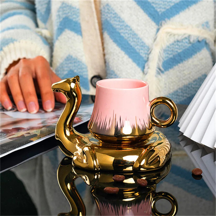 1PC Camel shaped coffee cup and plate set, ceramic small mug, 110ml/3.7oz creative cup