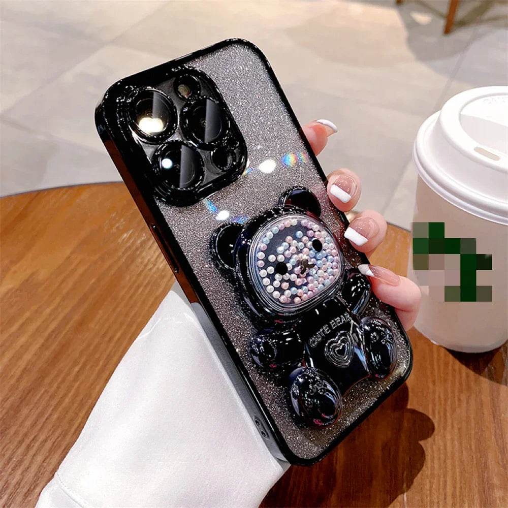 Gradient Bear Bracket Case For iPhone 16 15 14 13 12 11 Pro Max Plus XR X XS Max 7 8 Plus 15 14 Plating ShockProof Cover