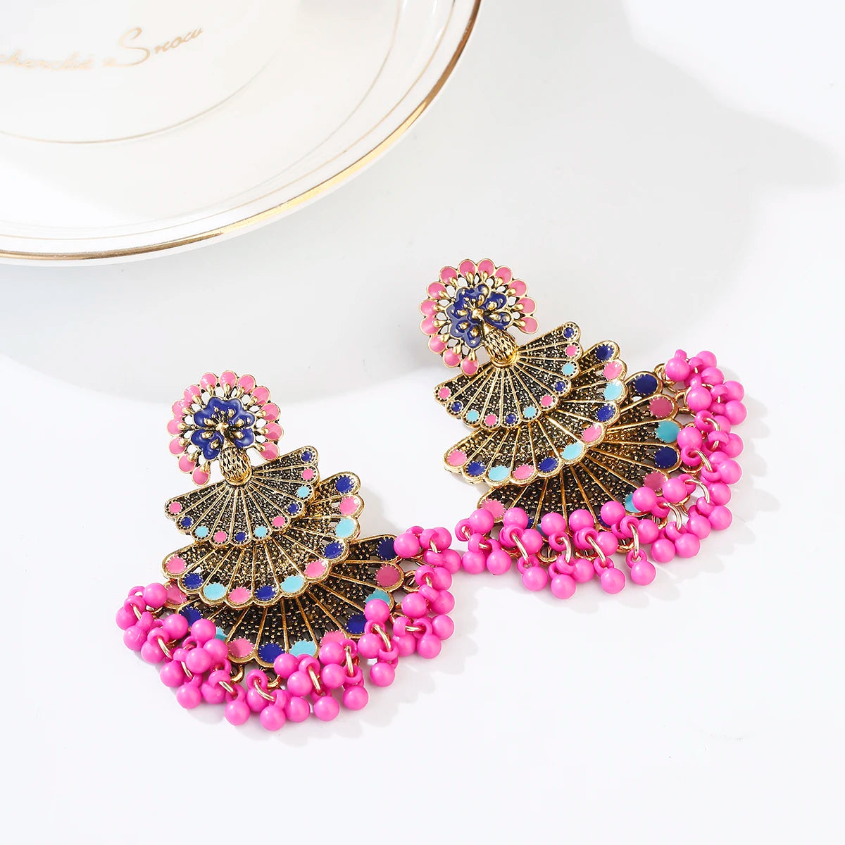 New Vintage Orange Peacock Drop Earrings for Women Bijoux Bohemia Fan Shape Beads Tassel Earrings Indian Jewelry