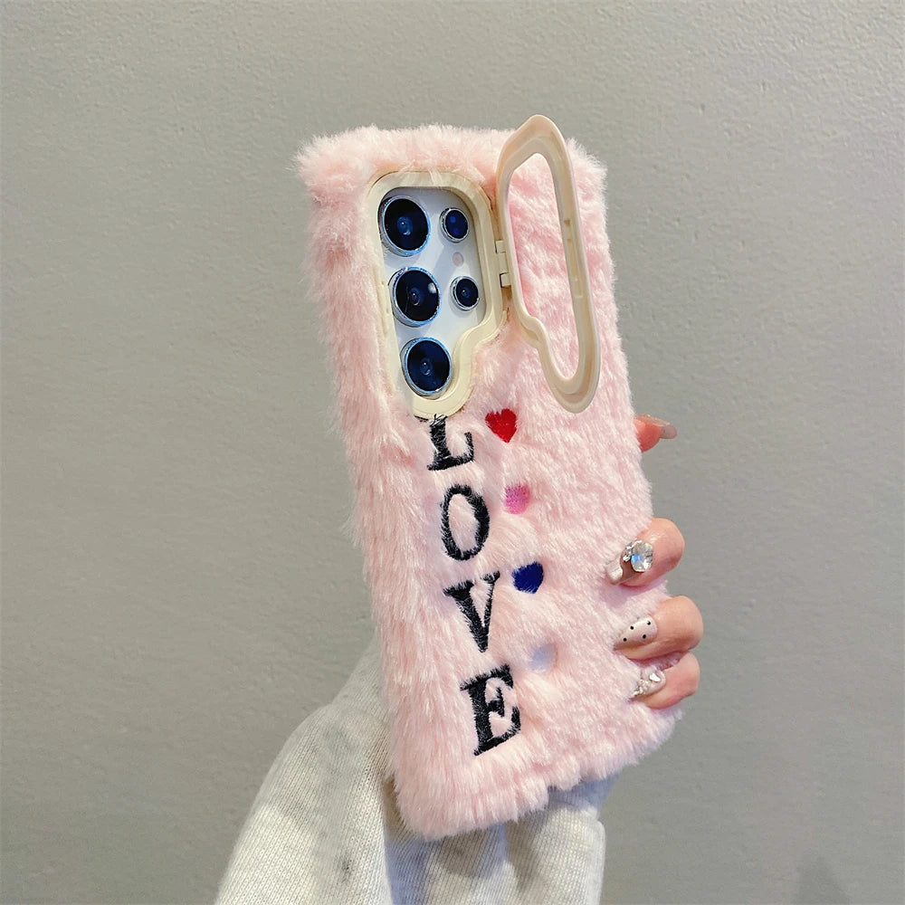 Cute Love Heart Fur Fluffy Phone Case For Samsung S24 S23 Ultra A55 A54 A35 A15 A14 5G Soft Plush Camera Lens Holder Stand Cover