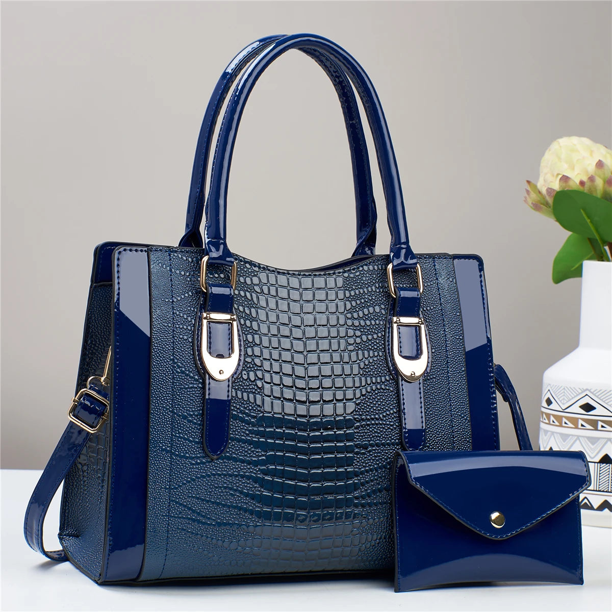 Luxurious Glossy Crocodile Print Handbag Set - Stylish Top Handle Tote & Versatile Crossbody Bag with Mini Card Coin Purse