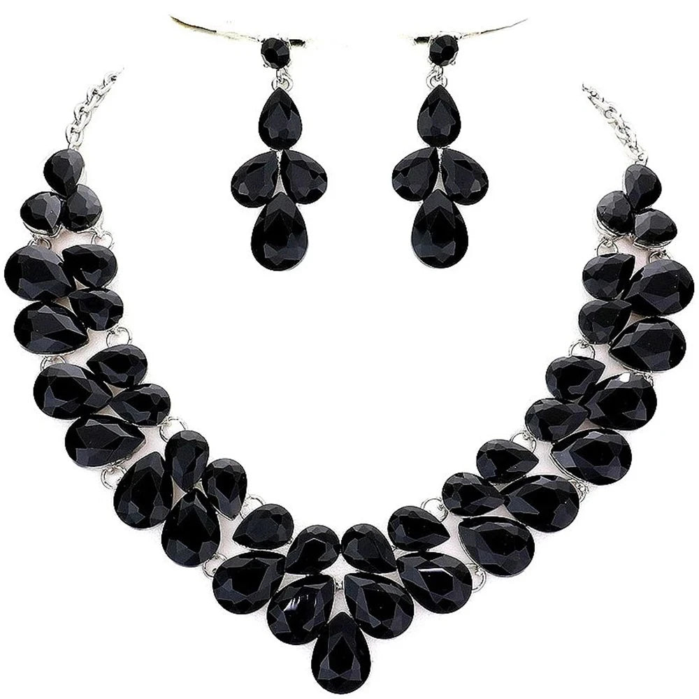 Stonefans Rhinestone Water Drop Necklace Earrings Set for Women Accessories Party Queen Large Statement Double Row Jewelry Set - Hiron Store