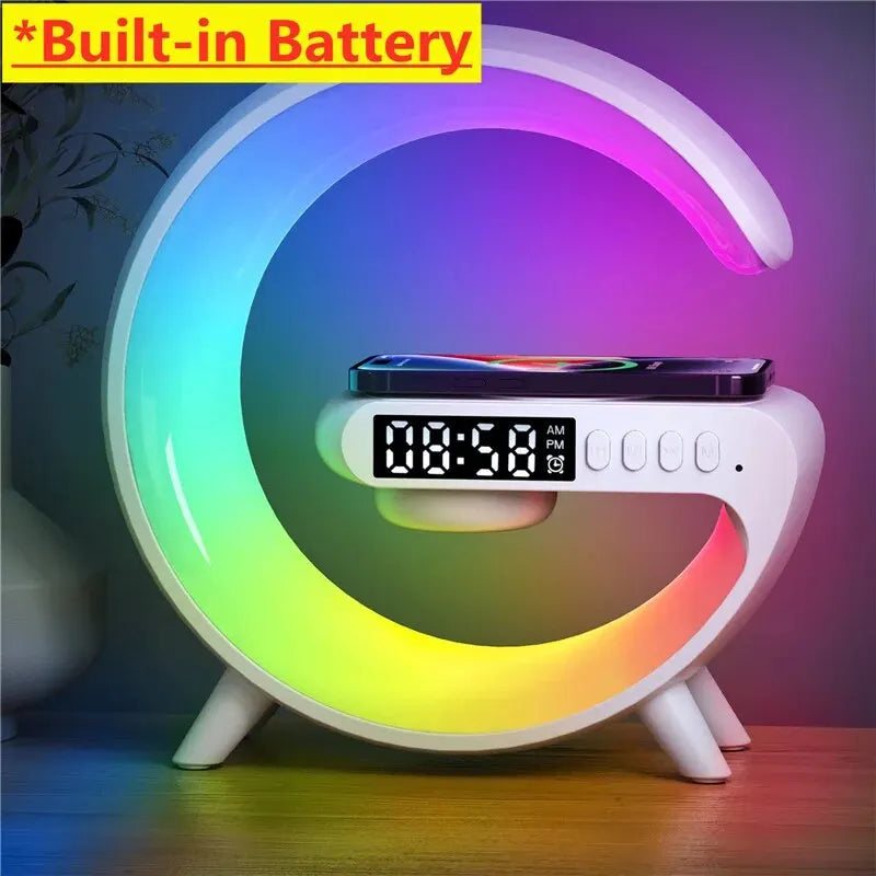 Wireless Charger Pad Stand Speaker TF Card RGB Night Light Lamp Alarm Clock Fast Charging Station